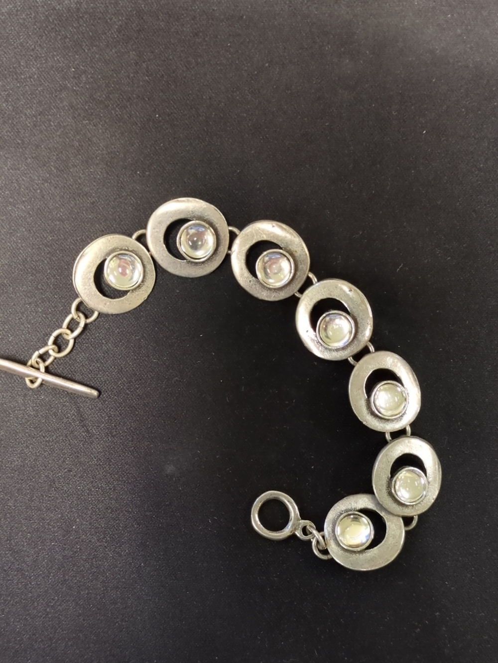 Silver-Tone Circular Link Bracelet with Iridescent Cabochons